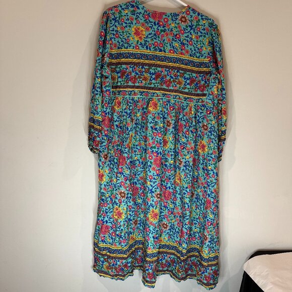 New R Vivimos NEW Aqua Blue Floral Midi Dress Long Sleeve Bohemian Women’s L - Picture 3 of 4